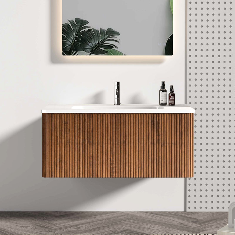 Meuble-lavabo flottant mural de 36 po avec aspect noyer rayé, lavabo blanc brillant, bordures courbées, tiroir à ouverture par pression et bords en céramique à montage écoénergétique
