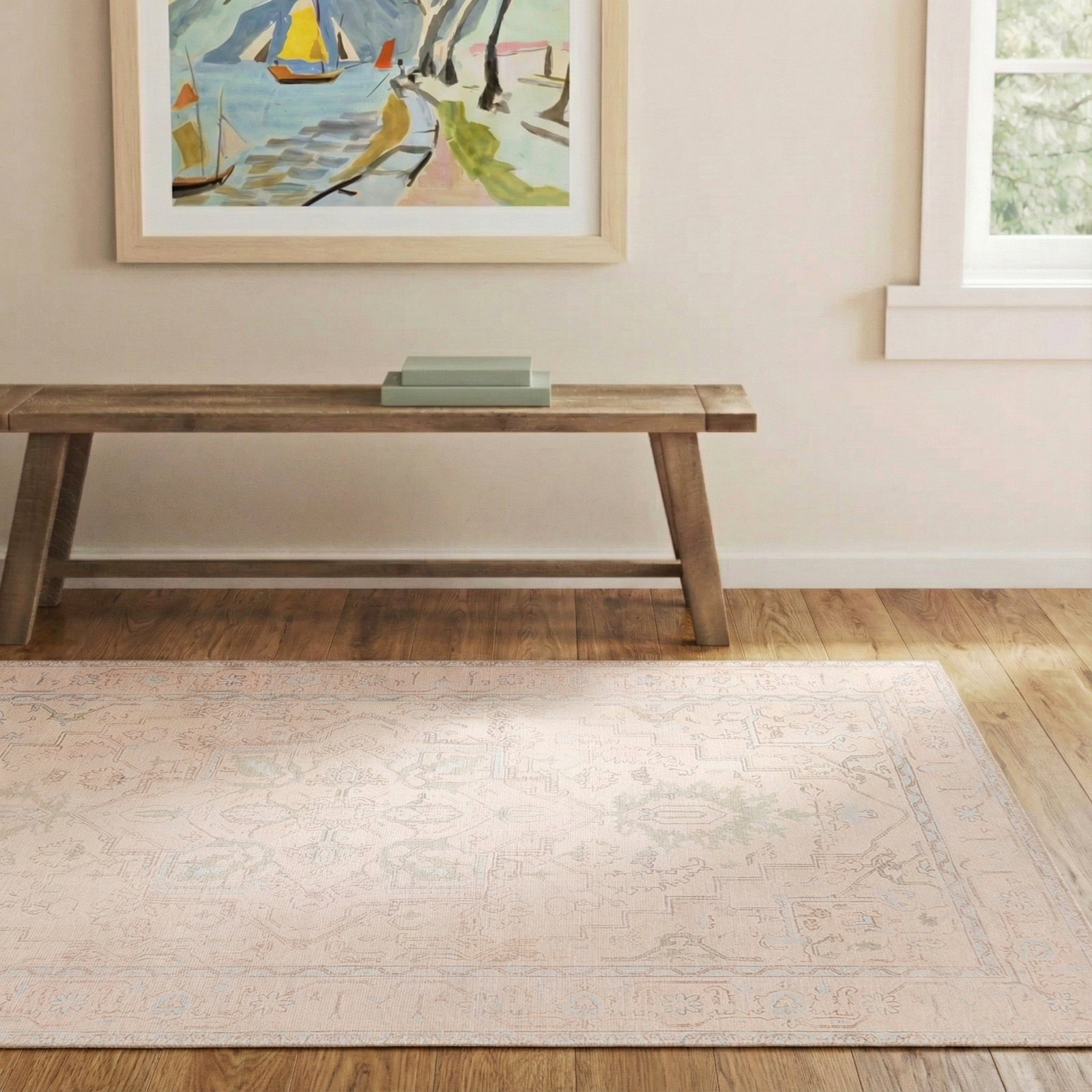 Fanelli Beige Light Blue Washable Oriental Rug, Rectangle 5' x 7'6"
