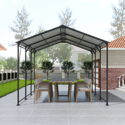 Abri de voiture en métal 10 x 15 pi robuste avec toit en acier galvanisé, auvent de garage en métal avec toit et cadre en acier galvanisé, abri de rangement extérieur pour voiture, bateau et camion, gris