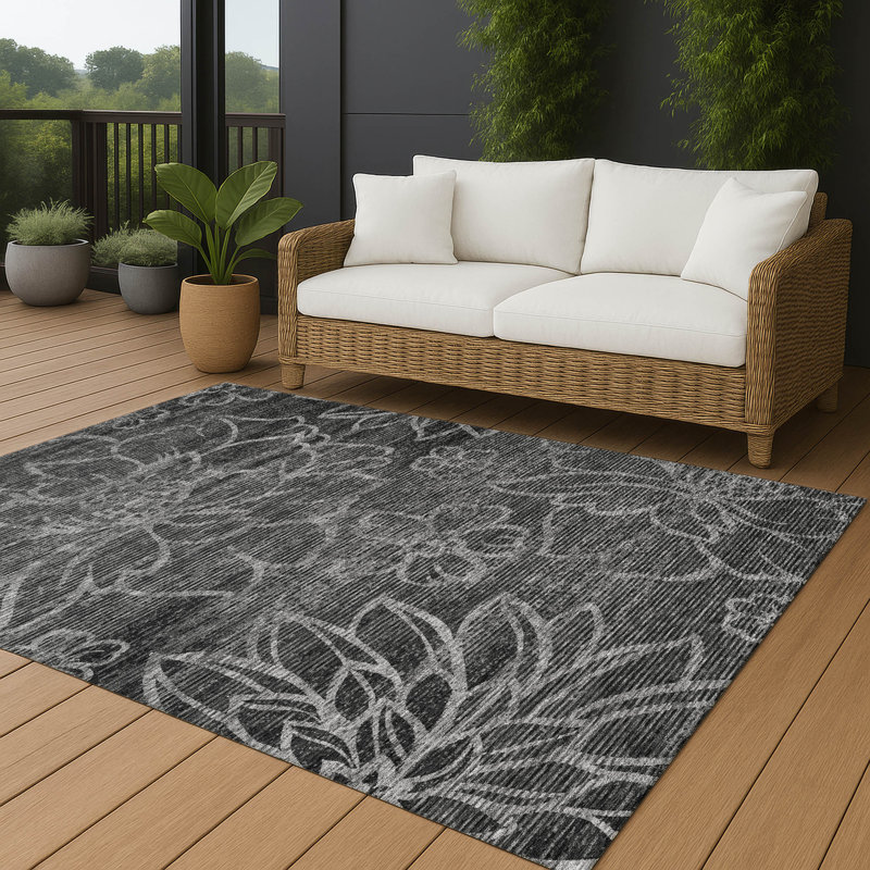 Tapis floral intérieur / extérieur lavable à la machine Chantille ACN2789, 3 pi x 5 pi, Noir