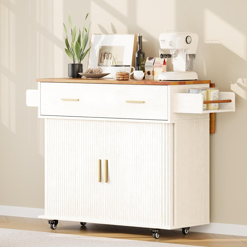 Rolling Kitchen Island with Drop Leaf Countertop, Sliding Door Storage & Lockable Wheels, White