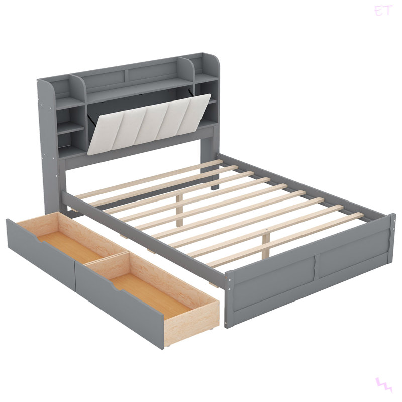 Lit plateforme en bois avec tête de lit avec rangement, tablettes et 2 tiroirs