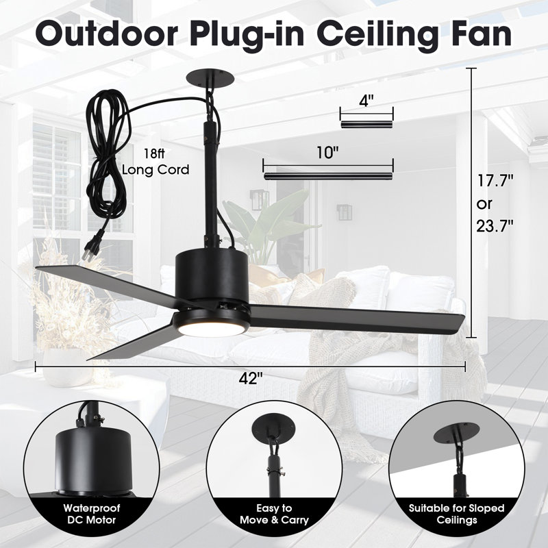 42" IP65 Waterproof Outdoor Propeller Ceiling Fan with Dimmable LED Lights and Remote Control, Wet Rated Plug-in Ceiling Fan with 3 Color LED Light