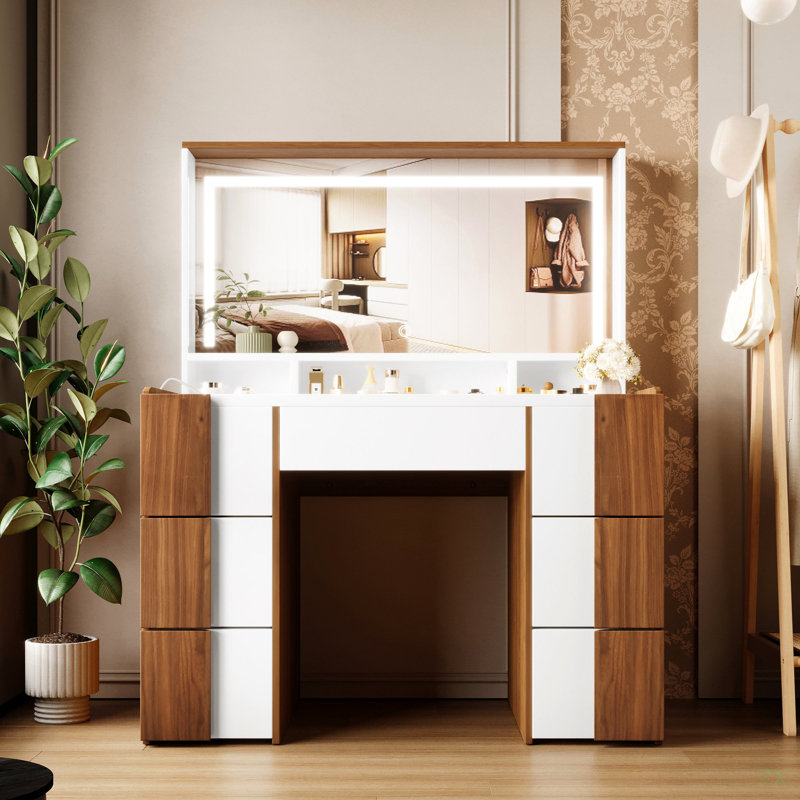 Élégante coiffeuse de 44,4 po avec grand miroir éclairé et prise de courant, coiffeuse avec 7 tiroirs et tablettes, coiffeuse avec autocollants en bois massif brun