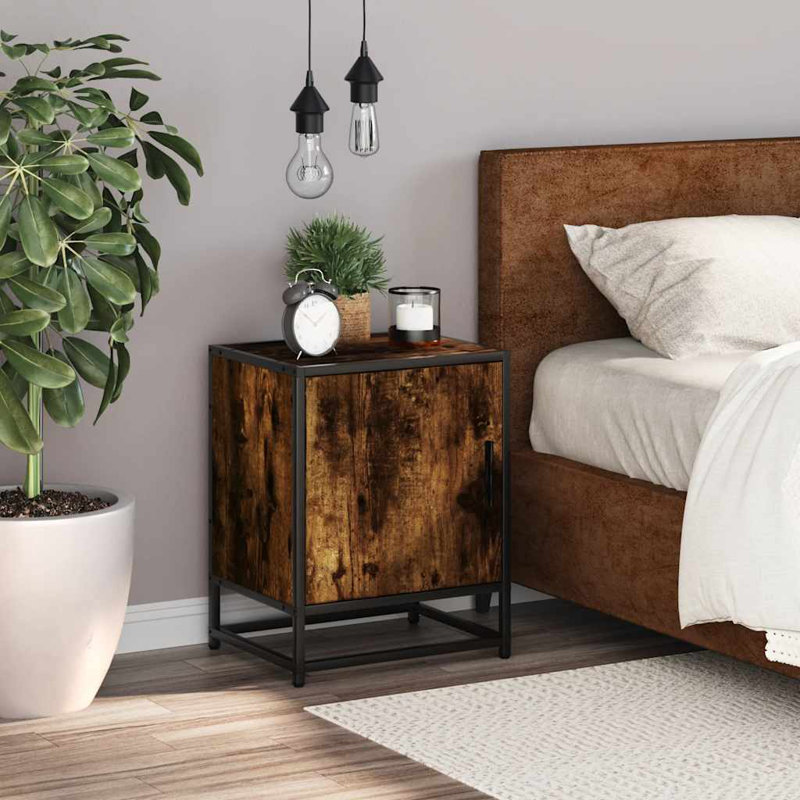 40cm W Metal Bedside Table, Smoked Oak