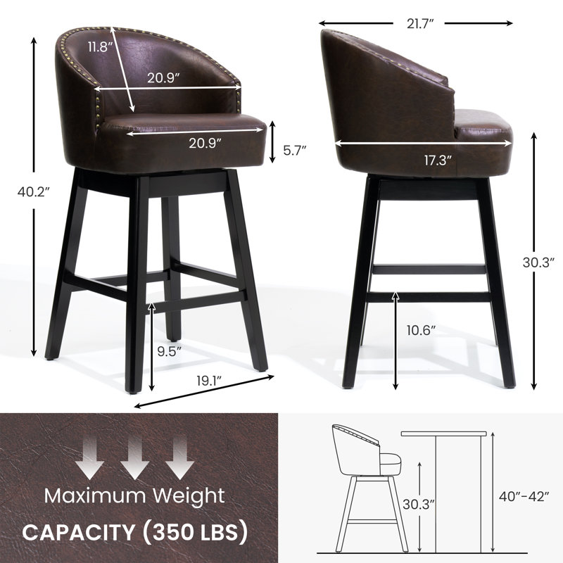 Swivel 30.3'' Faux Leather Bar Stool with Solid Wood Legs, Coffee (Set of 2), Coffee
