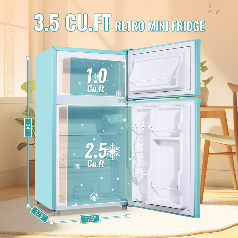 WANAI 3.5 Cu.Ft Mini Fridge with Freezer, Compact Refrigerator for Office, Dorm, Apartment, 7-Level Adjustable Thermostat, 2 Removable Shelves and Bakset, Small Fridge