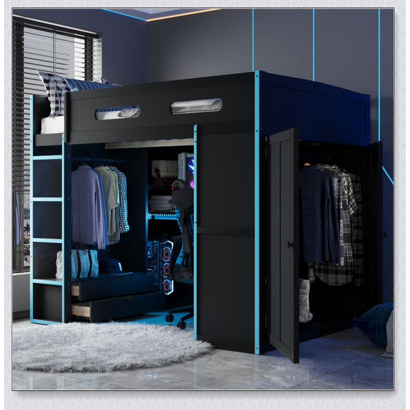 Wood Loft Bed With Desk,Wardrobe,Ample Storage Space,And RGB Light, Blue/Black