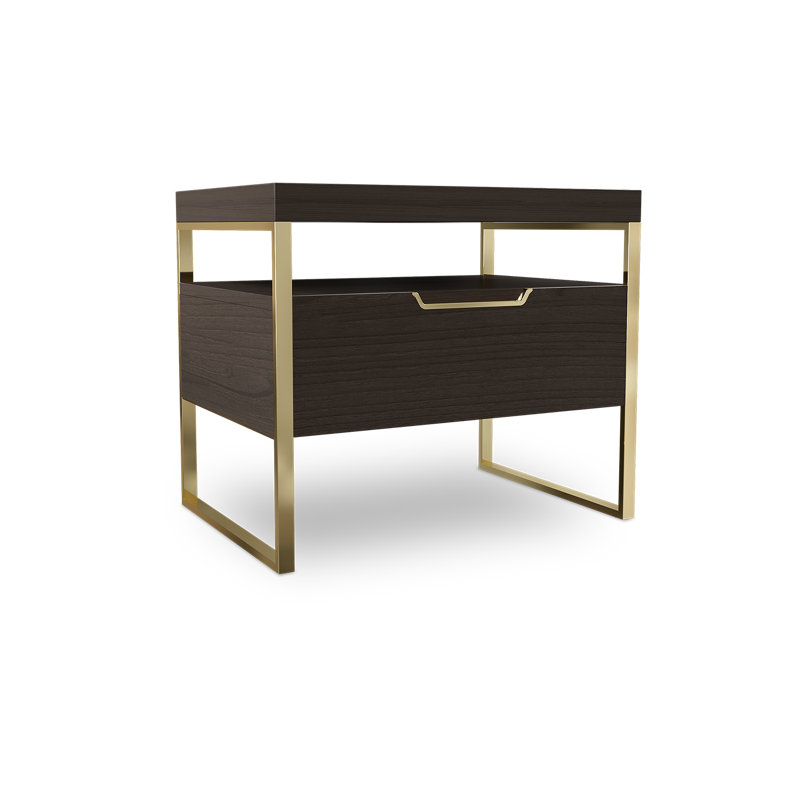 Shelor 56cm W Metal Bedside Table, Gold, Brown