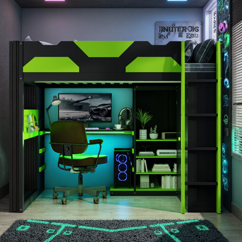 Lit mezzanine double pleine grandeur avec bureau et rangement RVB - Poste de travail réglable, charge USB, tablettes et garde-robe pour enfants