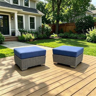  Set of 2 Outdoor Wicker Patio Ottomans with Cushions, 300 LBS Multi-Purpose Footrest Stool, Weather-Resistant Accent Seat with Removable Cushion for Backyard, Porch, Deck, Navy blue