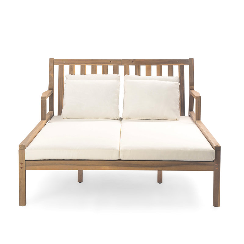Leonidas Outdoor Wooden Daybed with Curved Armrests & Pillows, Light Teak