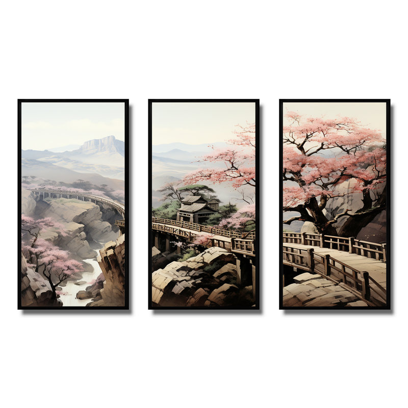 Rose, paysage floral japonais, paysage II, Cadre flottant noir, H 28 po x l 36 po x P 1 po