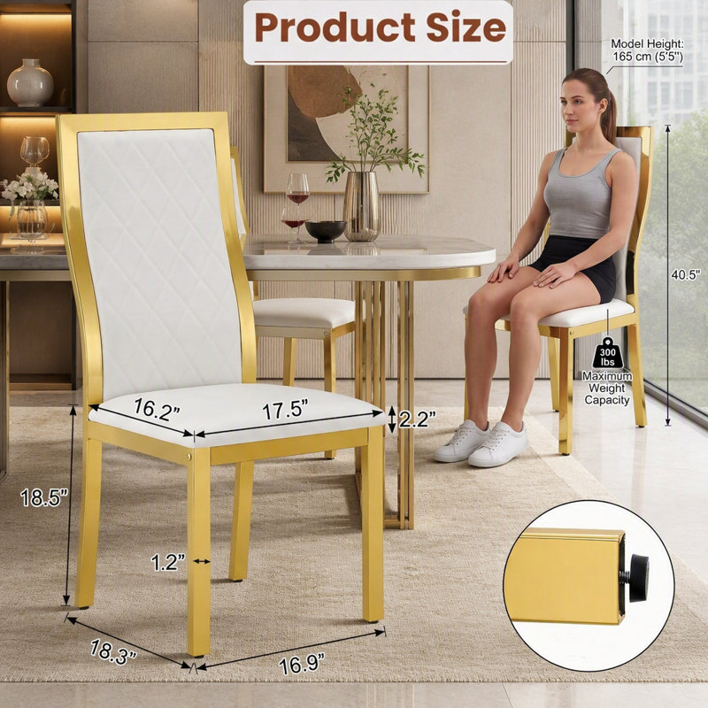 Ensemble de 2 chaises de salle à manger Modern Gold avec coutures losangées et dossier ergonomique, White/Gold
