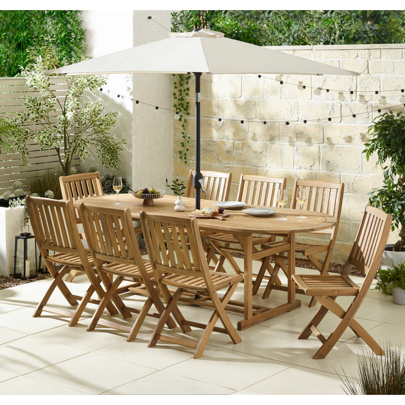 Asanta Wooden Extending Oval Garden Dining Table With Asanta Folding Dining Chairs, 8