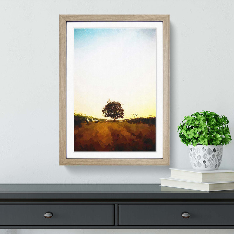 Lone Tree at Dusk Abstract Art - Picture Frame Graphic Art Print, 50cm H x 35cm W x 2cm D, Oak