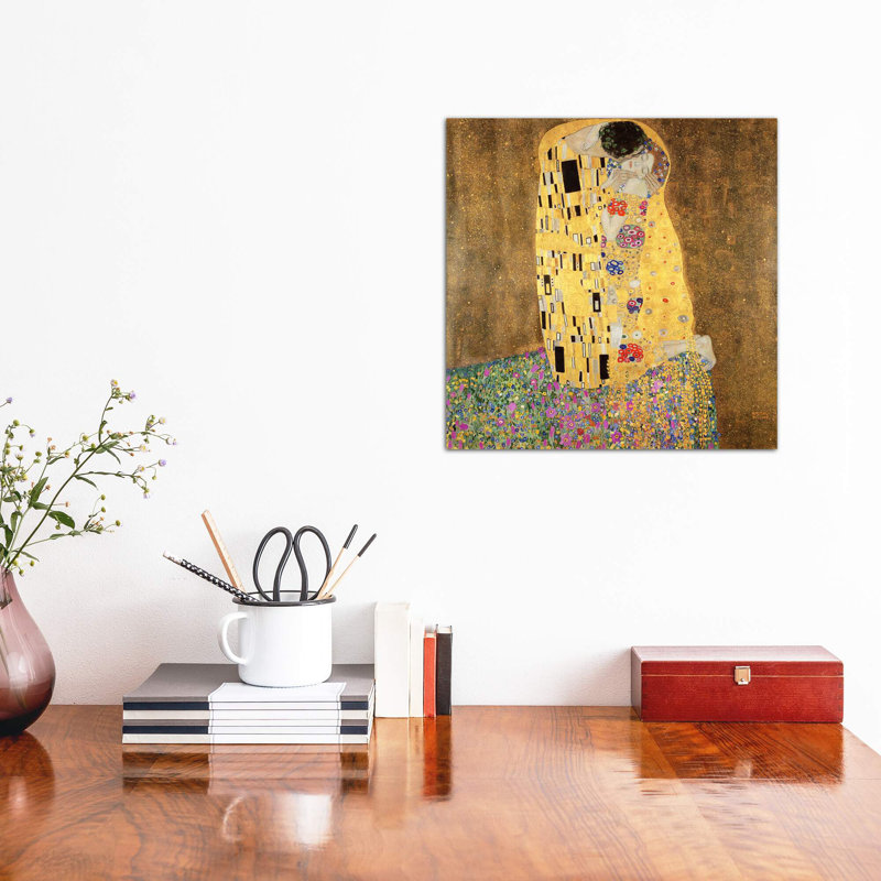 The Kiss by Gustav Klimt - Painting on Canvas, 45.72 cm H x 45.72 cm W, Black Floater Frame