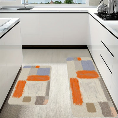 Orange Gray Blocks, 2 Pcs Non Slip Kitchen Mats