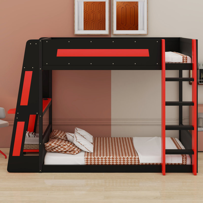 Lit superposé en bois avec bureau, Simple sur simple, Rouge
