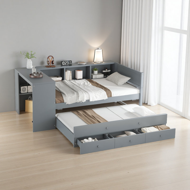 Daybed With Trundle, Wood Day Bed Frame With Storage Drawers And Side Shelves, Daybed With Desk, No Spring Box Needed, Twin