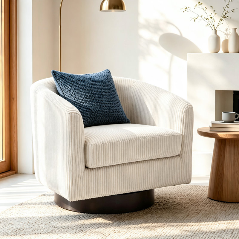 Applewold Upholstered Beige Corduroy Swivel Barrel Chair with Solid Wood Base, Beige Corduroy