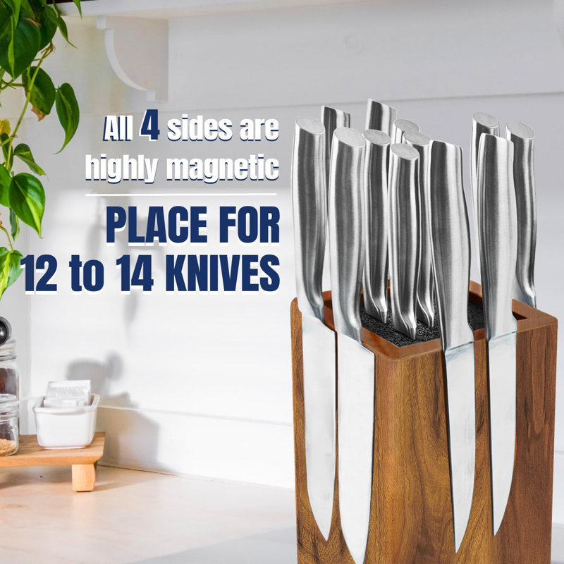 Magnetic Knife Block Without Knives, 360° Rotatable Magnet Knife Holder Stand Made Of Fine Acacia Wood, Extra Large Capacity Knife Storage For Knives And Utensils For Kitchen Counter Top