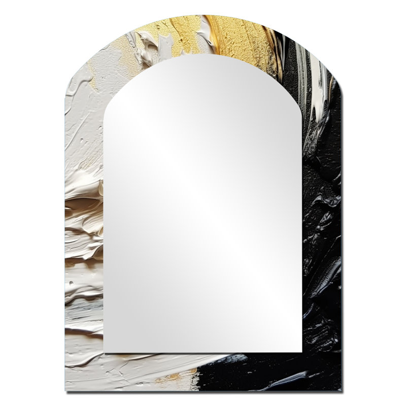 Gold Black Spiral Illusions III - Abstract Spirals Arch Decorative Mirror, Modern Asymmetrical Wall Mirror, Printed Metal Art