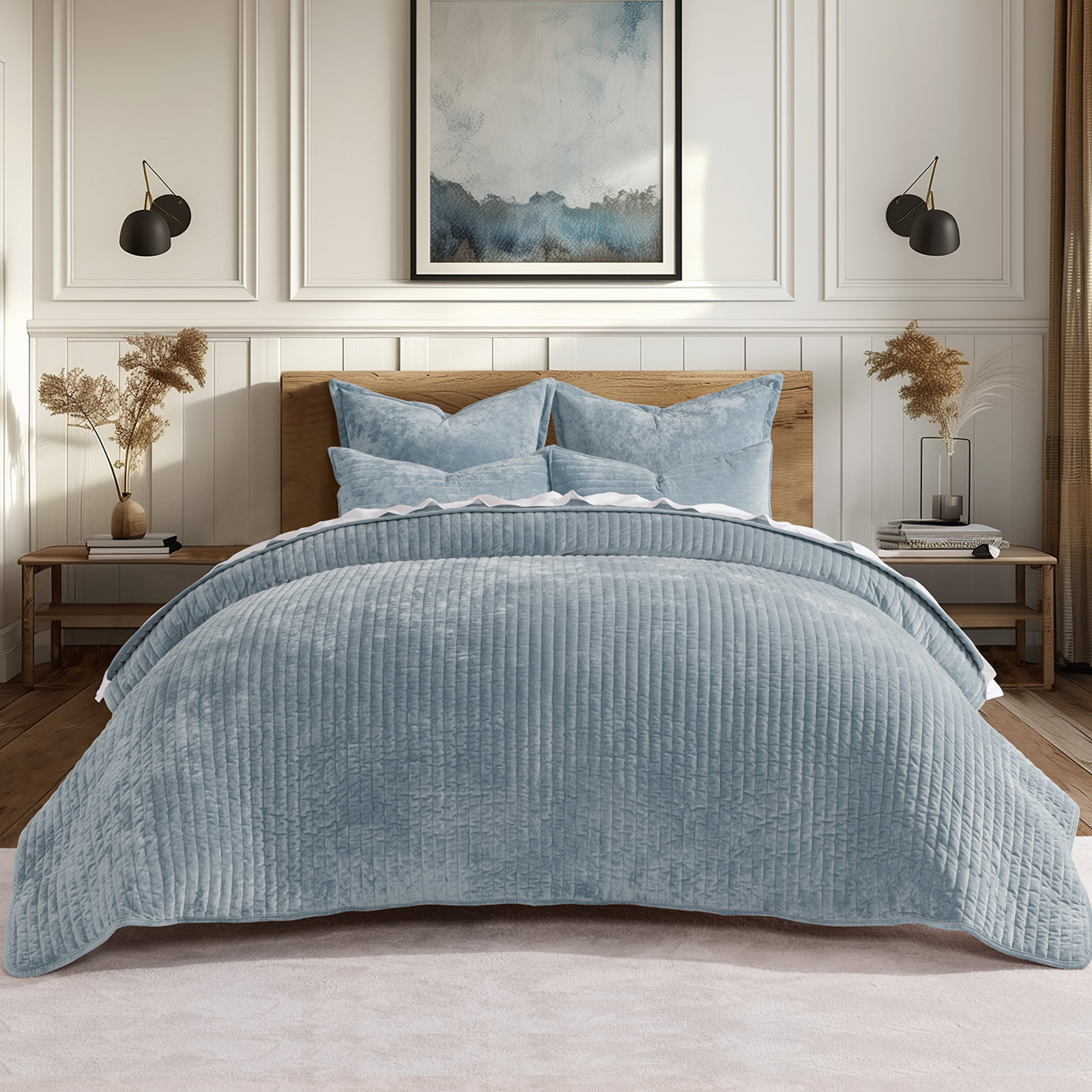 Luxe Velvet Channel Quilt Set, Queen, Blue Linen
