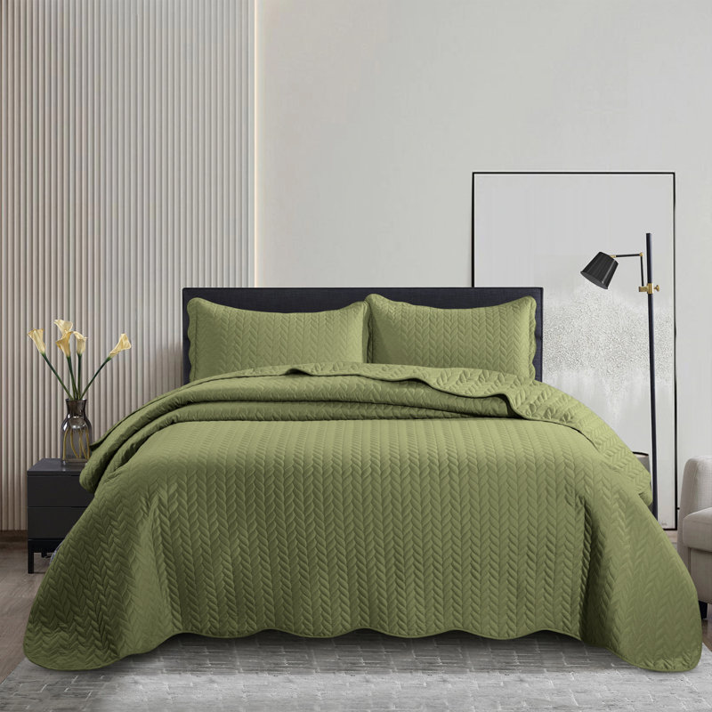 Ensemble de couvre-lit en microfibre embossée - Ensemble de literie moderne et léger avec taies décoratives, Vert olive