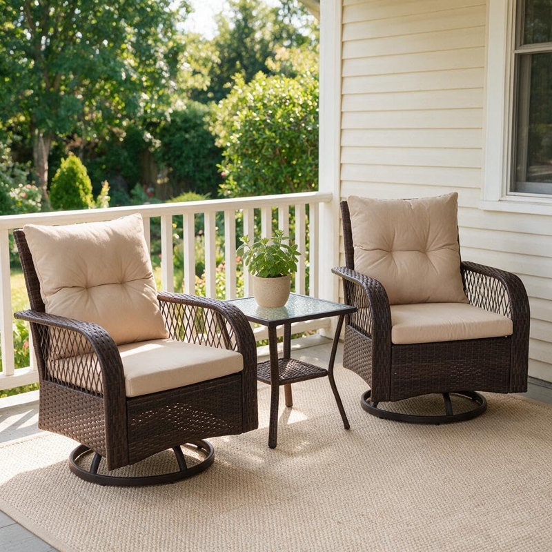 Ensemble de conversation de patio 3 pièces avec chaises à bascule pivotantes à 360°, ensemble de meubles d'extérieur en résine tressée PE avec coussins et table basse, ensemble de 2 chaises