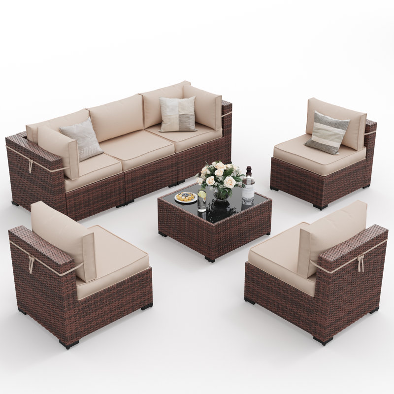 7 Piece Rattan Sectional Seating Group With Cushions, Khaki