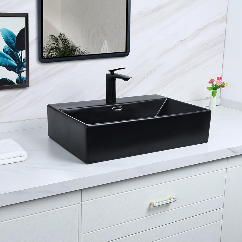 Davivy 23.6"x16.5" Black Rectangular Ceramic Bathroom Vessel Sink