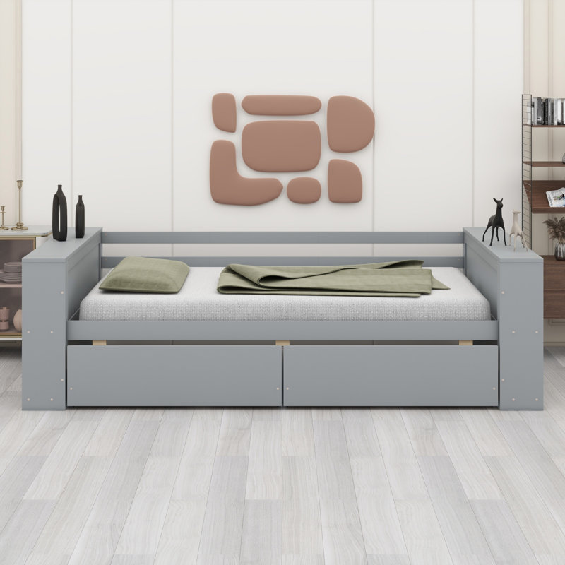Lit de jour avec tablettes et tiroirs, Gris