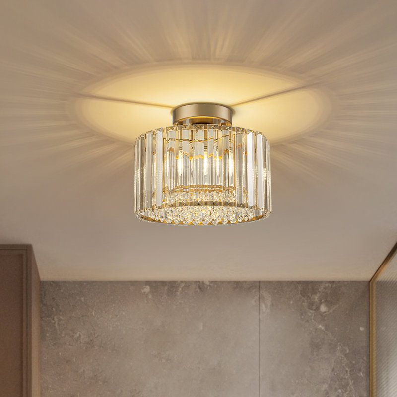 Glam Single Light Round Crystal Semi Flush Mount Ceiling Light