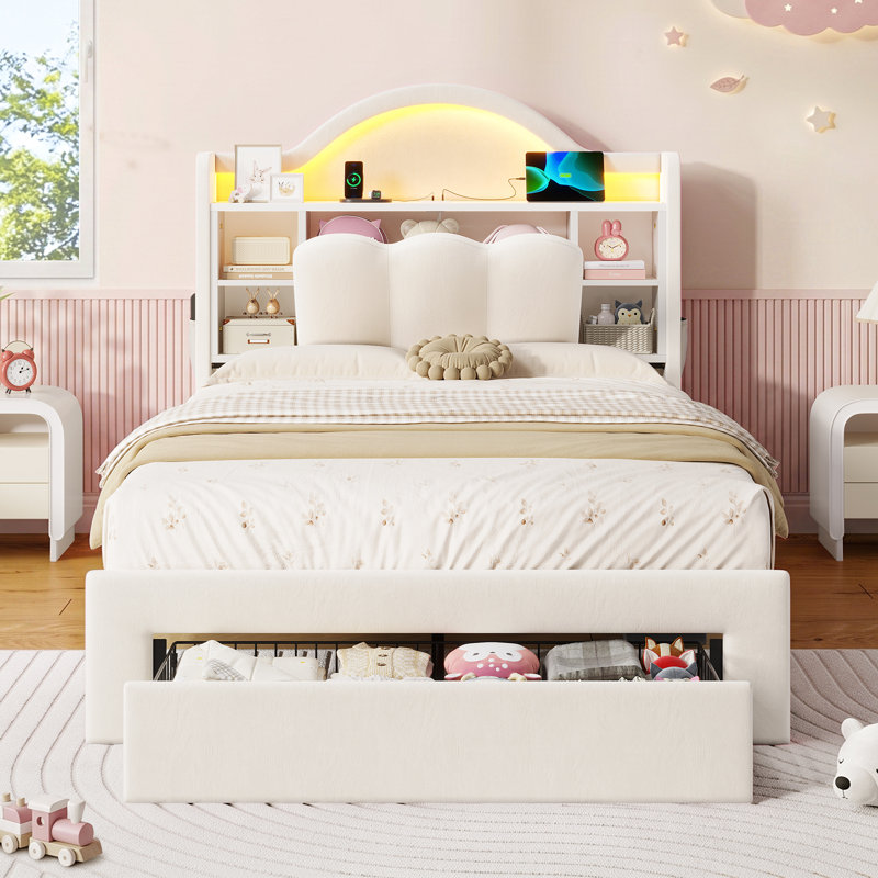 Single Bed with Storage Headboard & Drawers , White