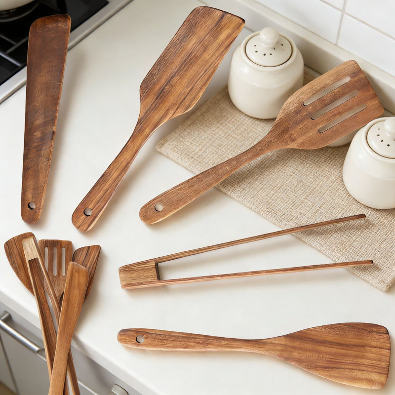Ensemble d'ustensiles de cuisine en bois d'acacia - 6 spatules de cuisine anti-rayures avec support en acier inoxydable pour retourner, remuer et servir