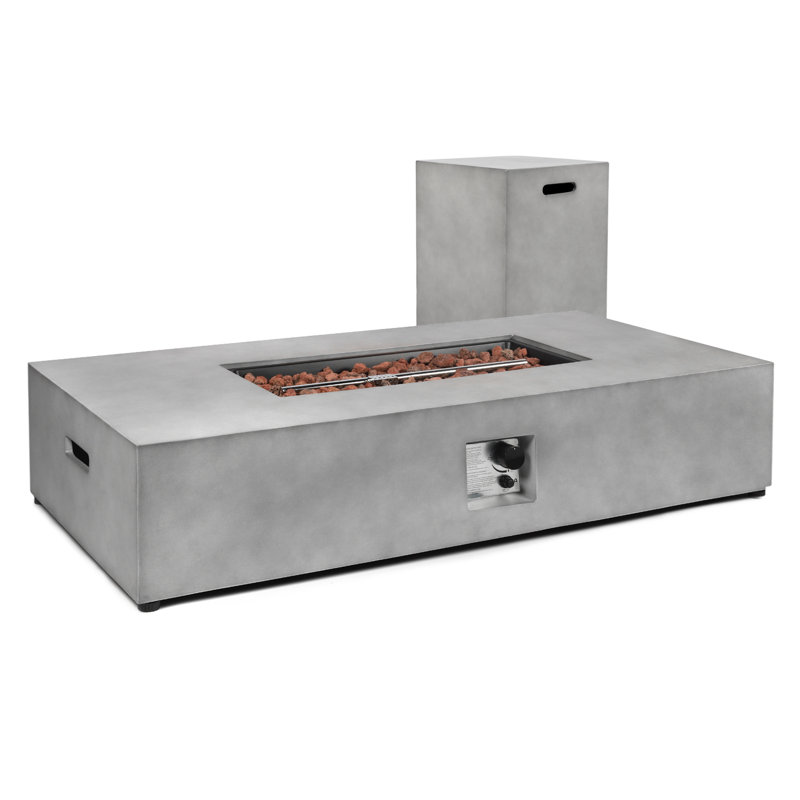 Table de foyer d'extérieur au propane de 54 po avec couvercle de réservoir, 50 000 BTU, foyer au gaz rectangulaire en béton avec couvercle en acier, housse de pluie et pierres de lave
