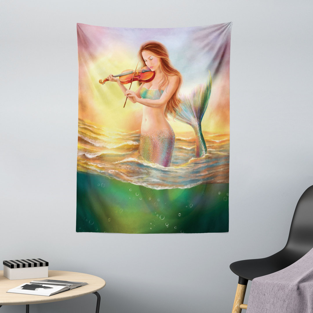 Wandteppich, Mermaid Violine spielt, Sonnenuntergang, Mehrfarbig