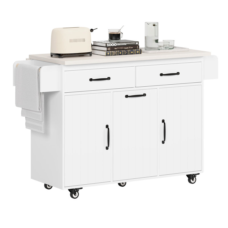 Kitchen Island With Trash Can Storage, Drop Leaf, Spice Rack, Towel Adjustable Shelf, Rolling On Wheels, White Drawers And Cabinets, Leaf Counter, Space, Shelf