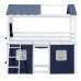 Lit superposé cabane en bois pour deux personnes avec fenêtres, rebords et tente, bleu et blanc