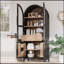 Élégant garde-manger arqué avec 2 grands tiroirs, des tablettes réglables et des portes en verre pour un rangement de style campagne moderne-1218060187