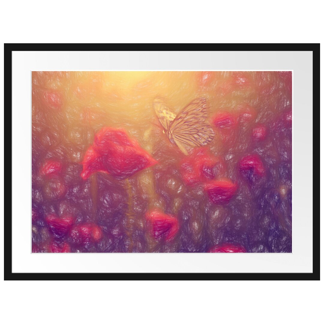 Gerahmtes Poster Mohn und Schmetterling