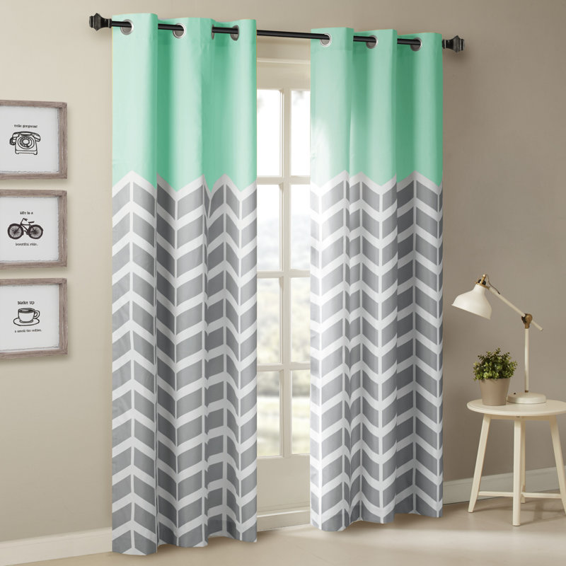 Aqua and Gray Chevron Room Darkening Polyester Grommet Curtains, 42" x 84"