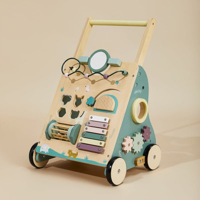 Wooden Baby Push Walker with Activity Center, Adjustable Speed, Xylophone, Shape Sorter and Toy Storage for Toddlers