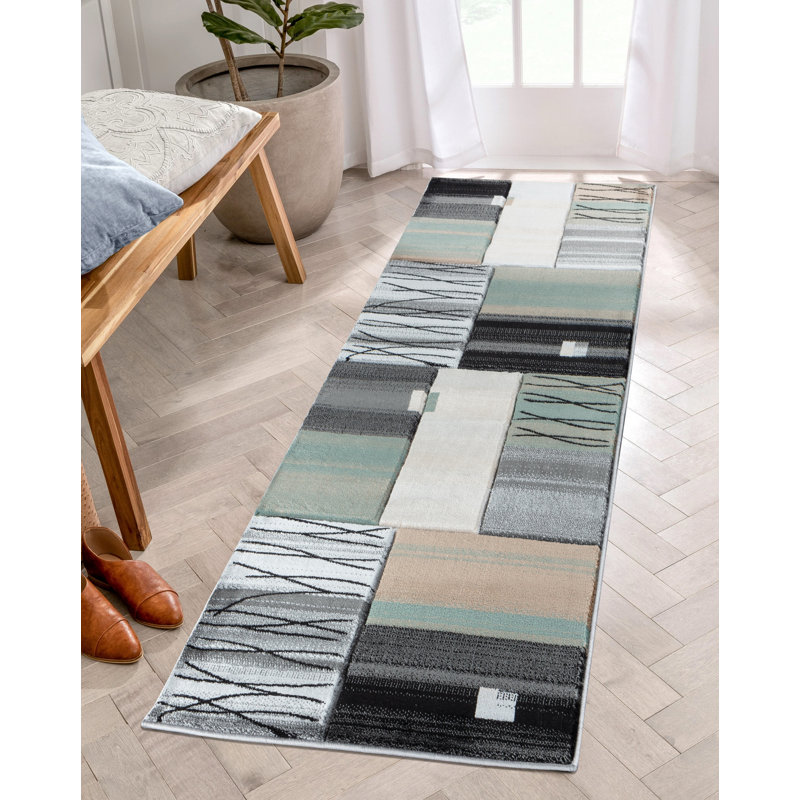 Tapis abstrait gris / vert Anjolie, Tapis de couloir 2 pi 8 po x 8 pi 1 po