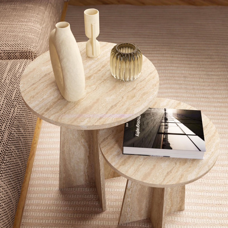 Travertine-Style Round Nesting Side Tables Modern Coffee Tables Set of 2