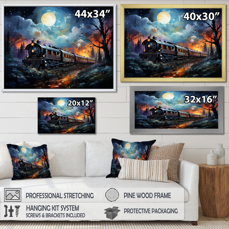 «Orange Moonlight Countryside Train Journey II» - art mural train, Cadre d'angle fermé noir, H 16 po x l 32 po x P 1 po