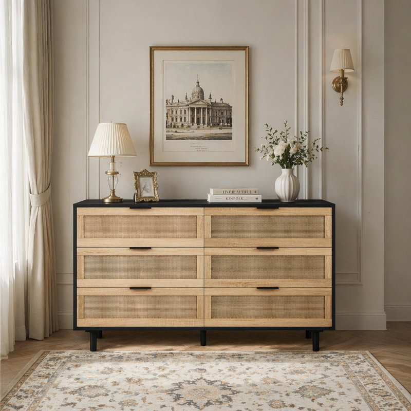 Armoire de rangement en rotin 6 tiroirs, 51.18"W, Black
