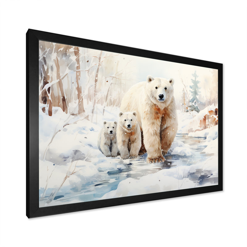 Ours polaires neige en hiver III - Ours 2, art mural, Cadre d'angle fermé noir, H 12 po x l 20 po x P 1 po