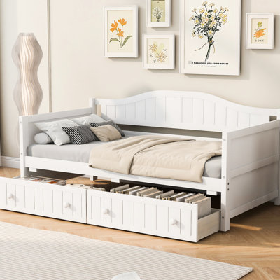 Lit de jour simple en bois avec 2 tiroirs, finition blanche, pieds en pin, sans sommier, peu encombrant dans le salon, silhouette de chalet classique, assemblage facile, style, procédé